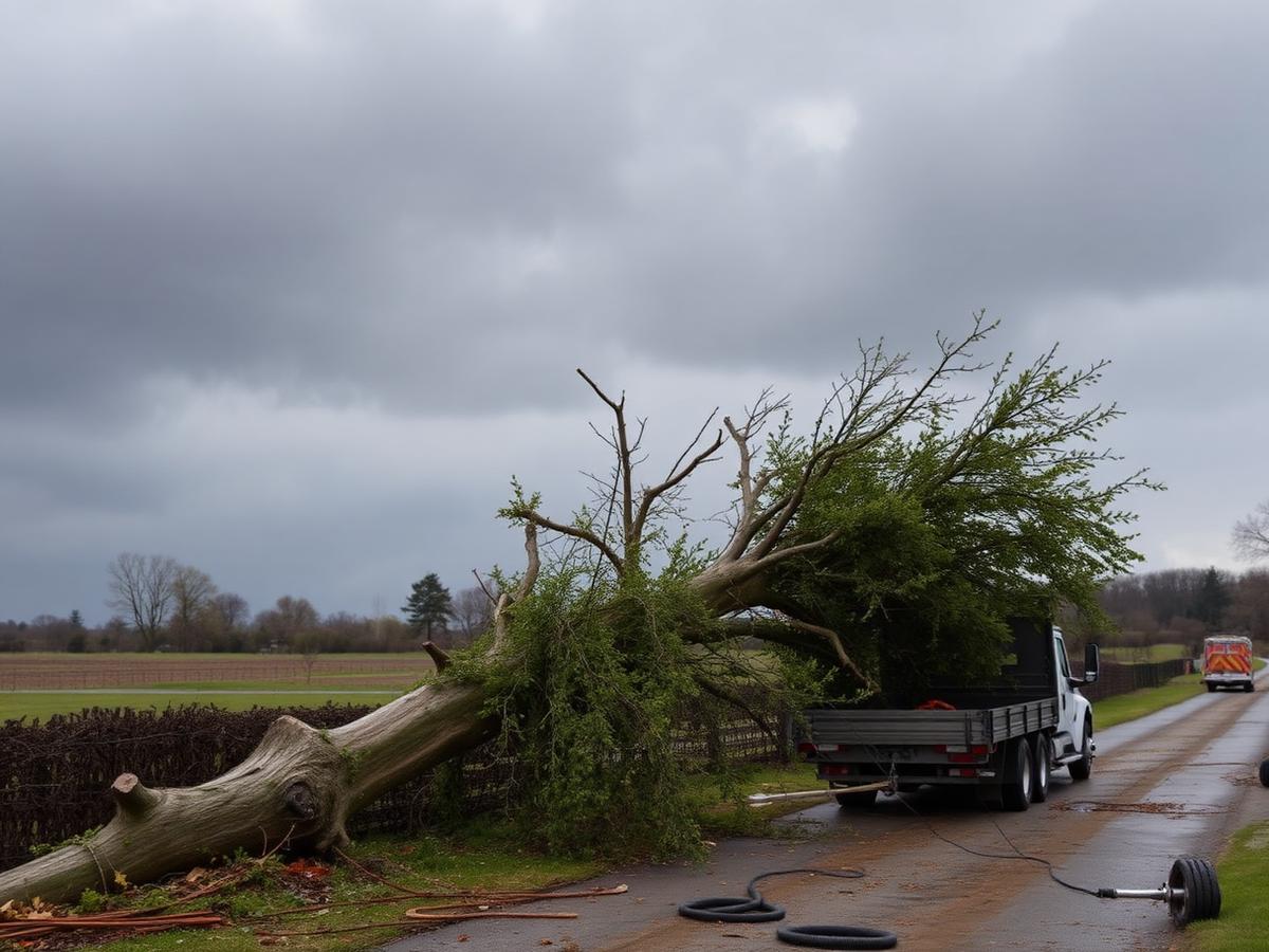 Storm-downed tree cleared from a rural driveway
