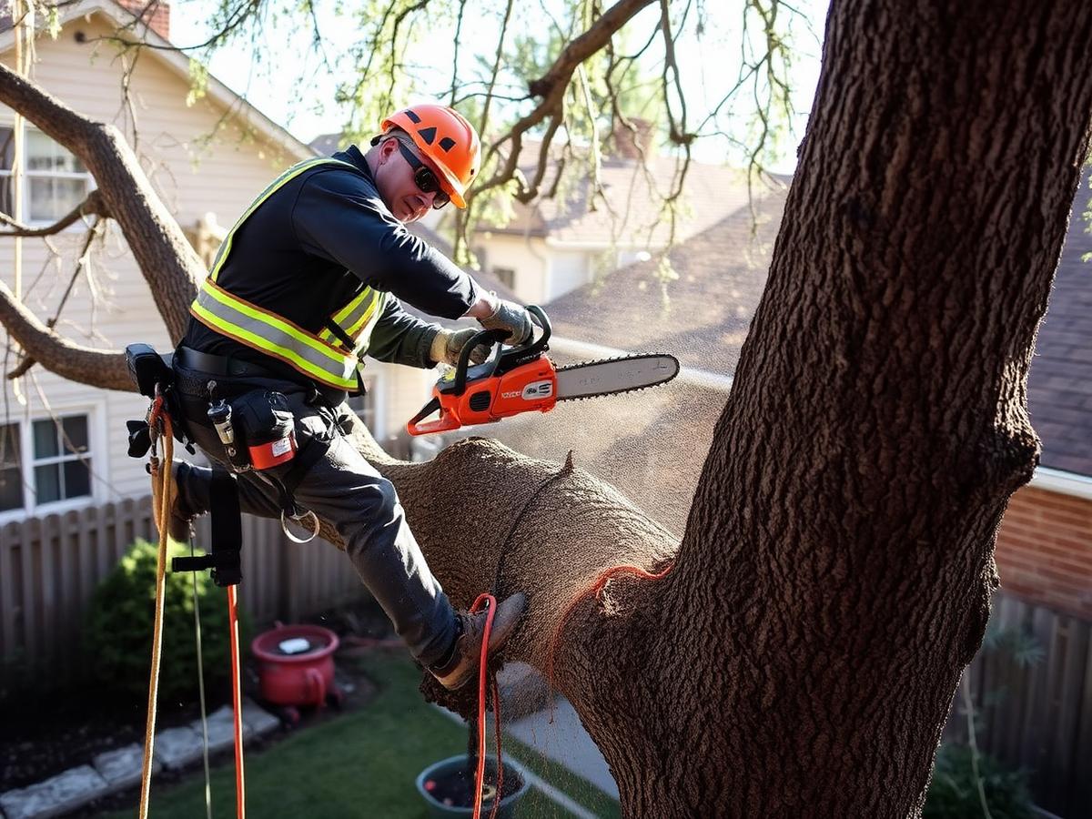 Climber removing a large tree with a chainsaw